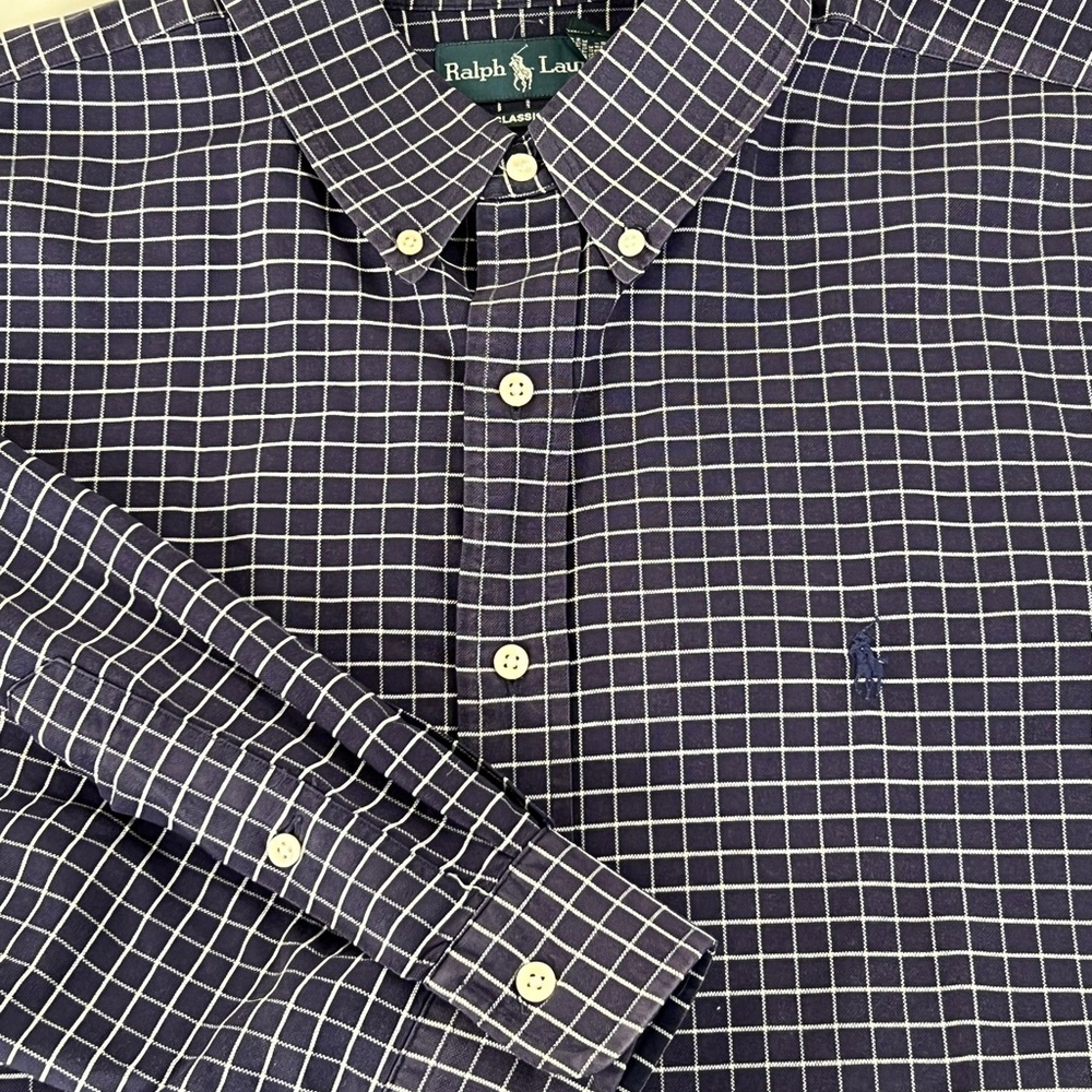 Vintage Ralph Lauren Mens Purple Button Down Dress Shirt Size 17.5 34/35 XL Logo